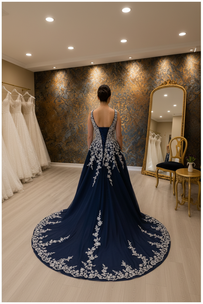 NIL-NS-272 Navy Blue Royal Crystal A-Line Engagement Dress - Back View