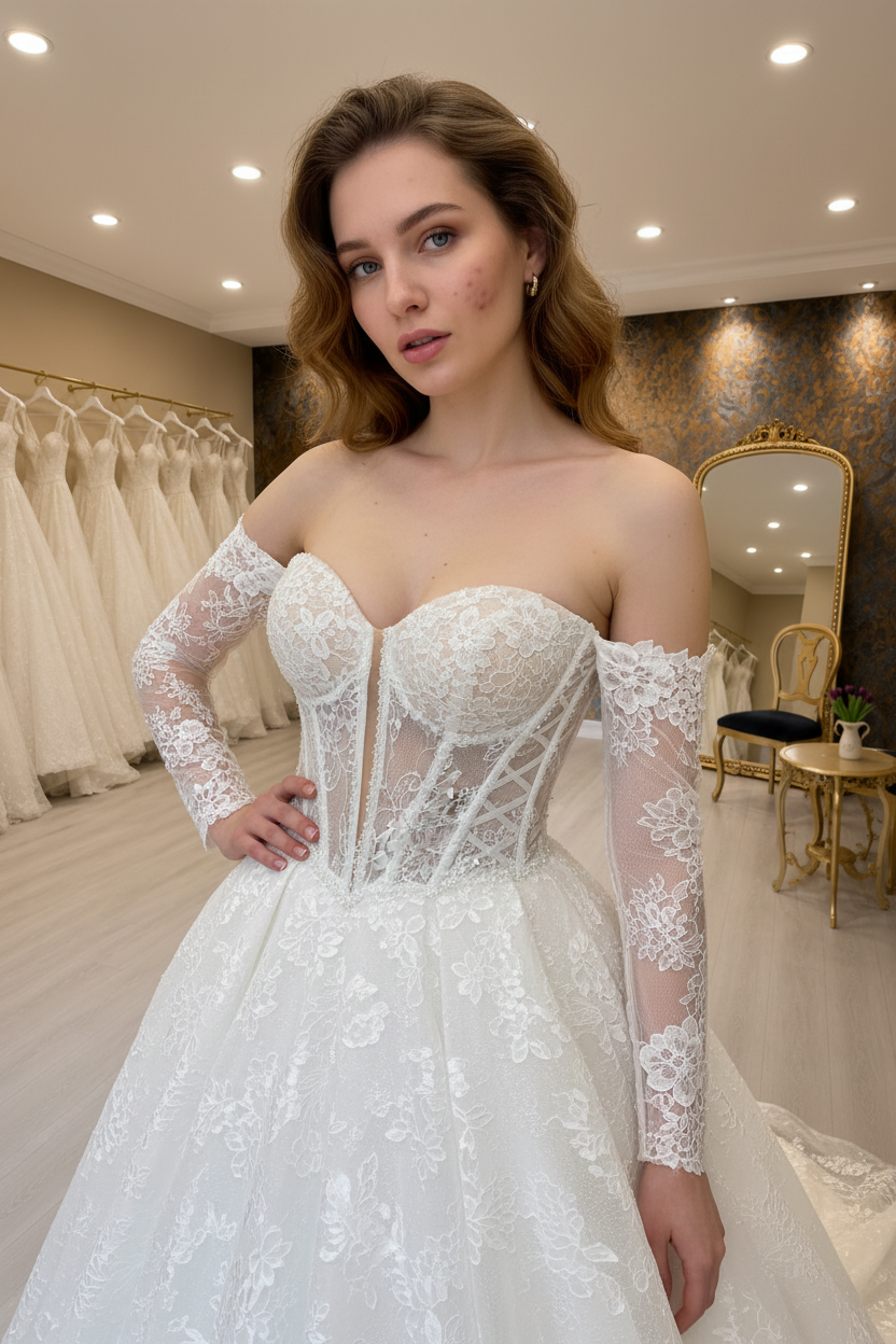NIL-266 Transparent Corset Lace Ballgown - Front View
