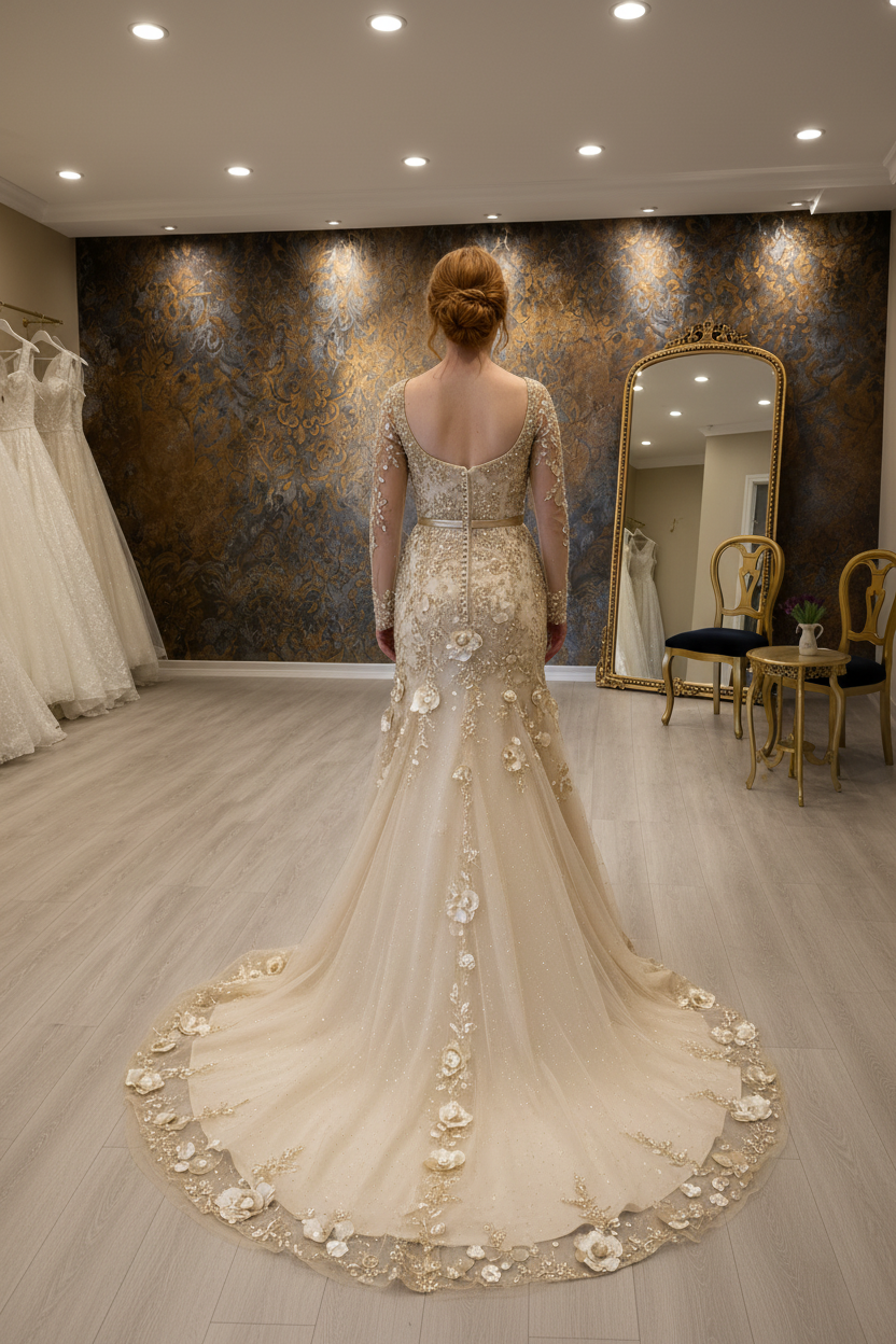 NIL-NS-242 Champagne Gold Crystal Fit-and-Flare Engagement Dress - Back View