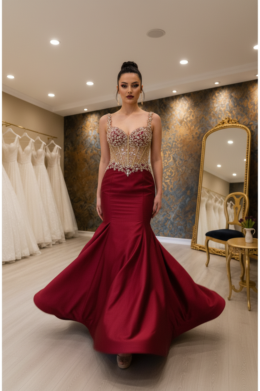NIL-NS-259 Crimson Red Gold Crystal Mermaid Engagement Dress - Front View