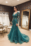 NIL-NS-116 Teal Turquoise Gold Crystal Engagement Dress - Front View