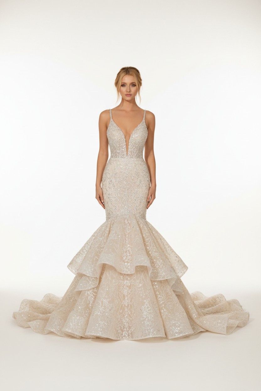 NIL-125 champagne ivory mermaid wedding dress front view with crystal strap deep V-neckline by NIL Wedding Dress