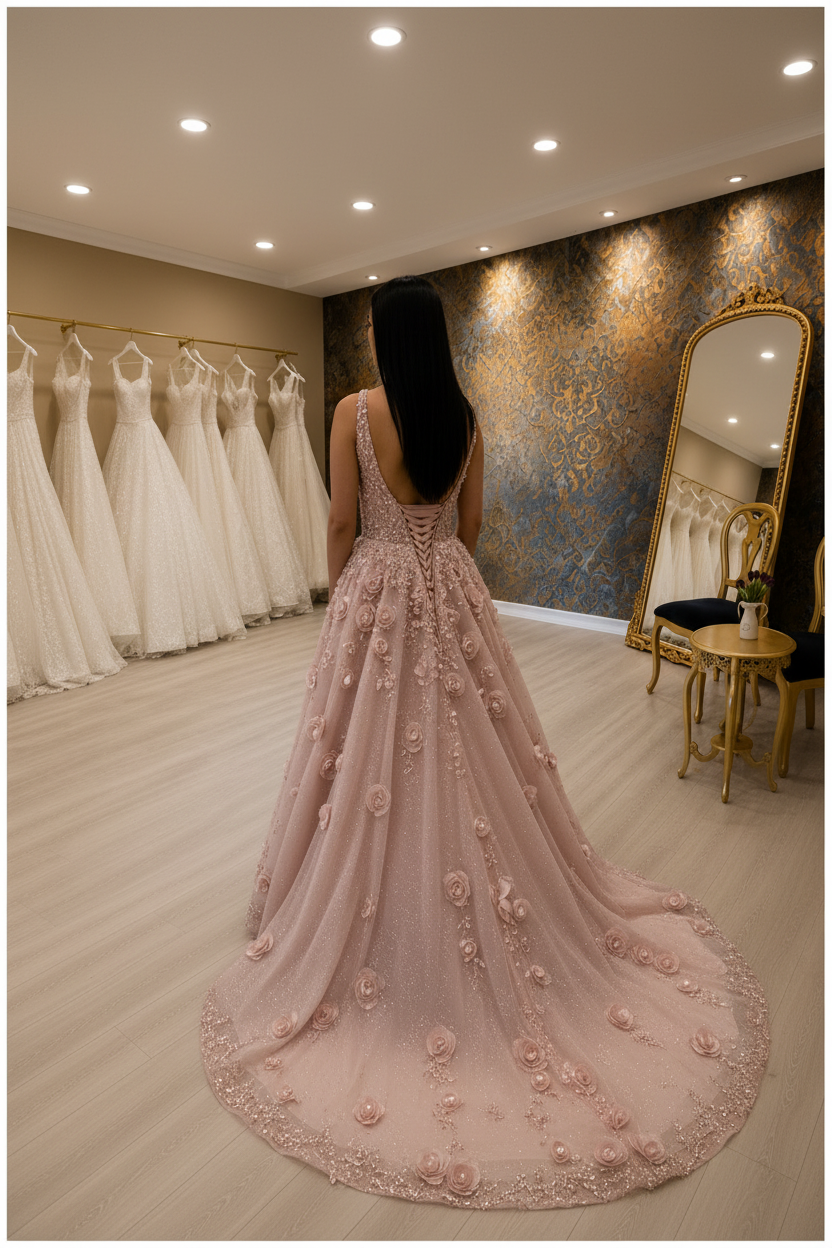 NIL-NS-269 Dusty Rose Royal Crystal A-Line Engagement Dress - Back View