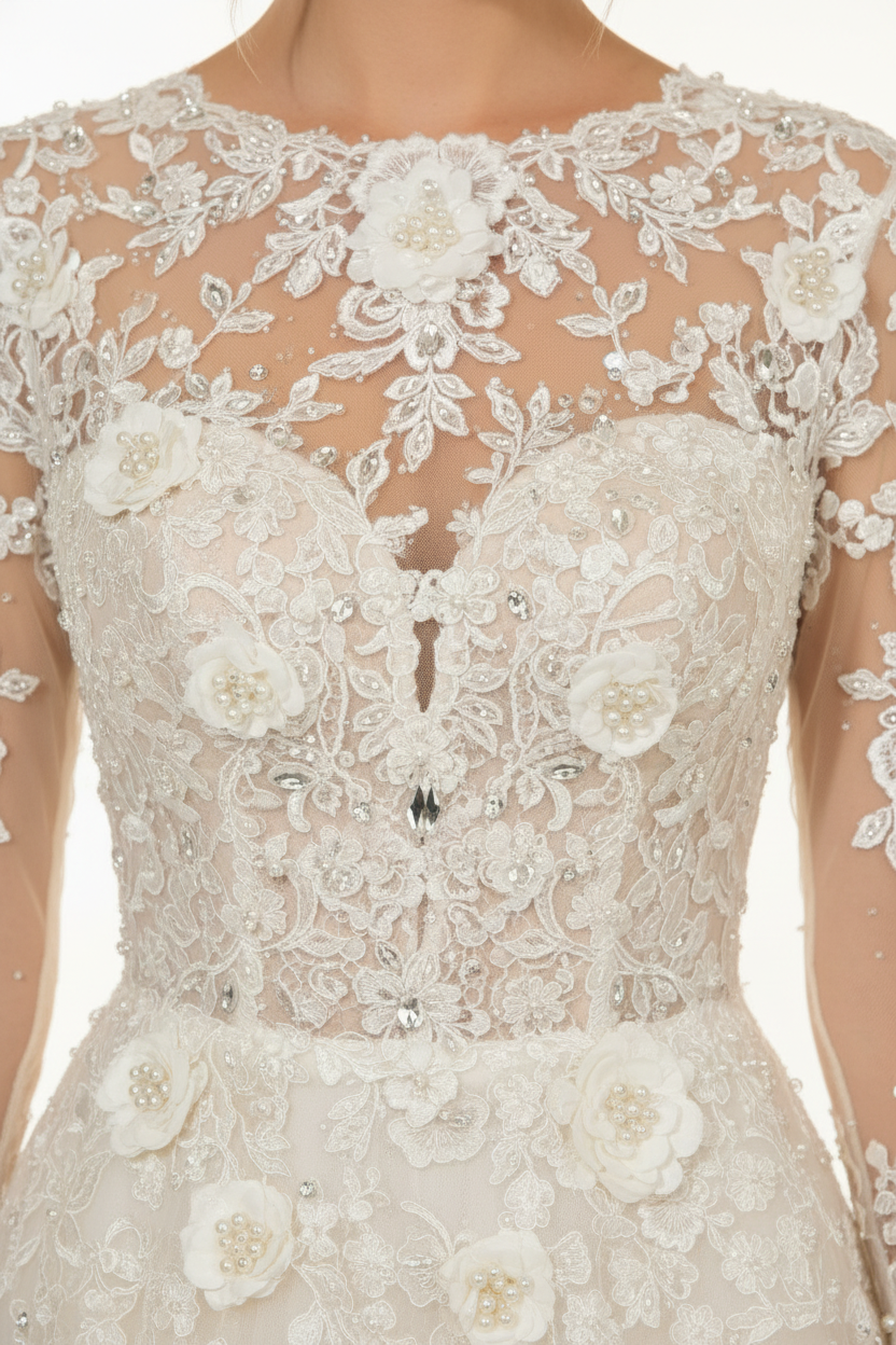 NNC-106 Ivory Lace Bodice Detail with Pearl Beading