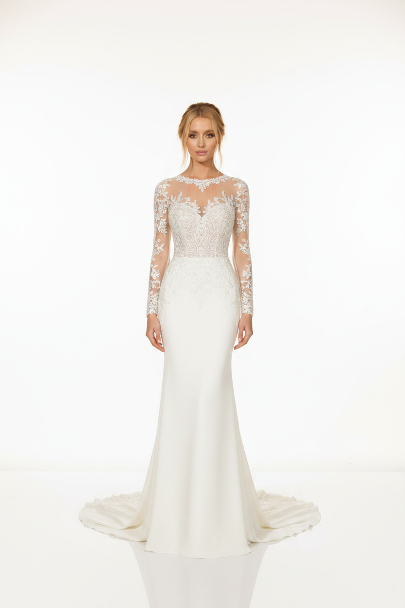 NIL-116 Ivory High Neck Wedding Dress – Front View