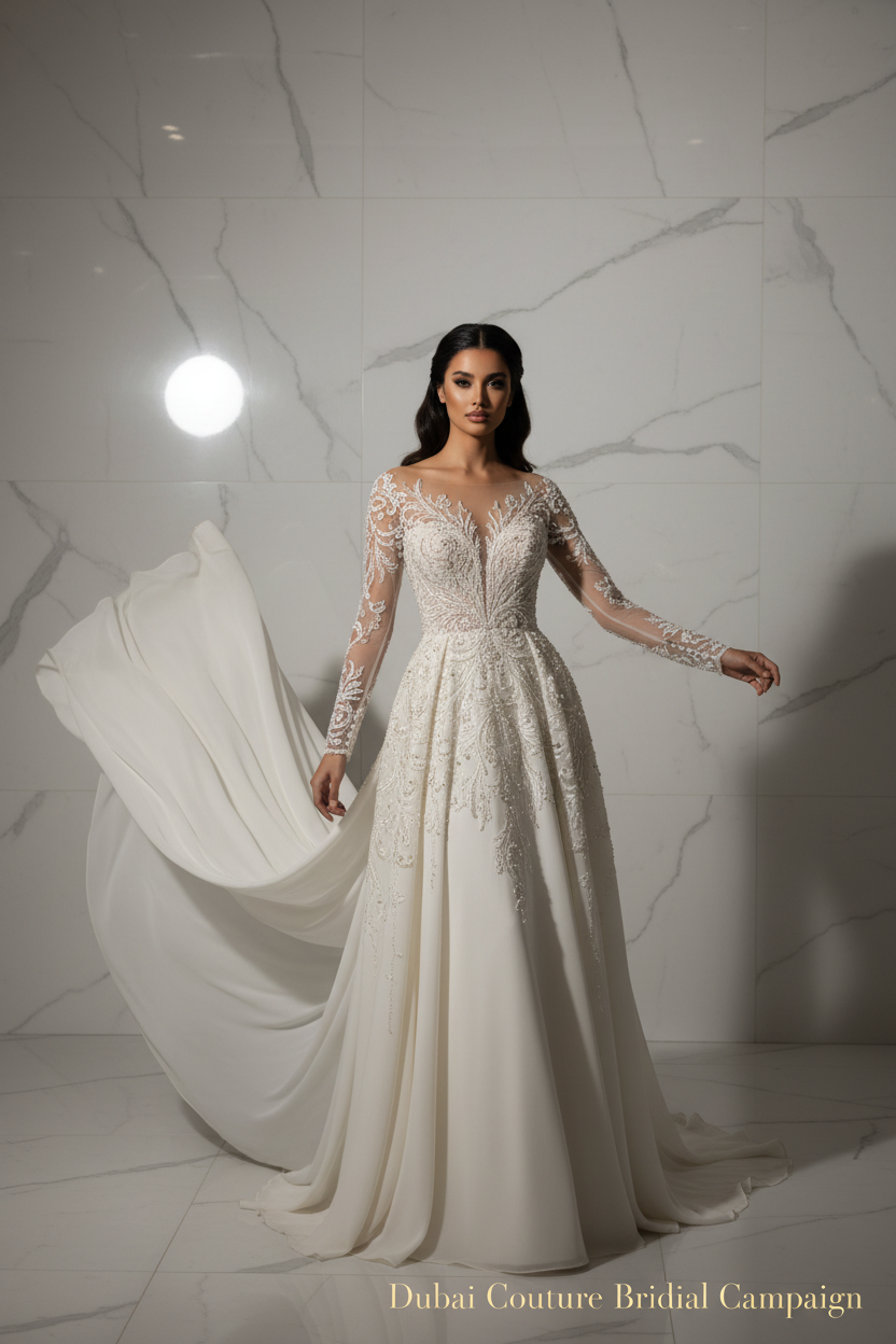 NIL-118 Soft Ivory Long Sleeve Couture Wedding Dress – Editorial View