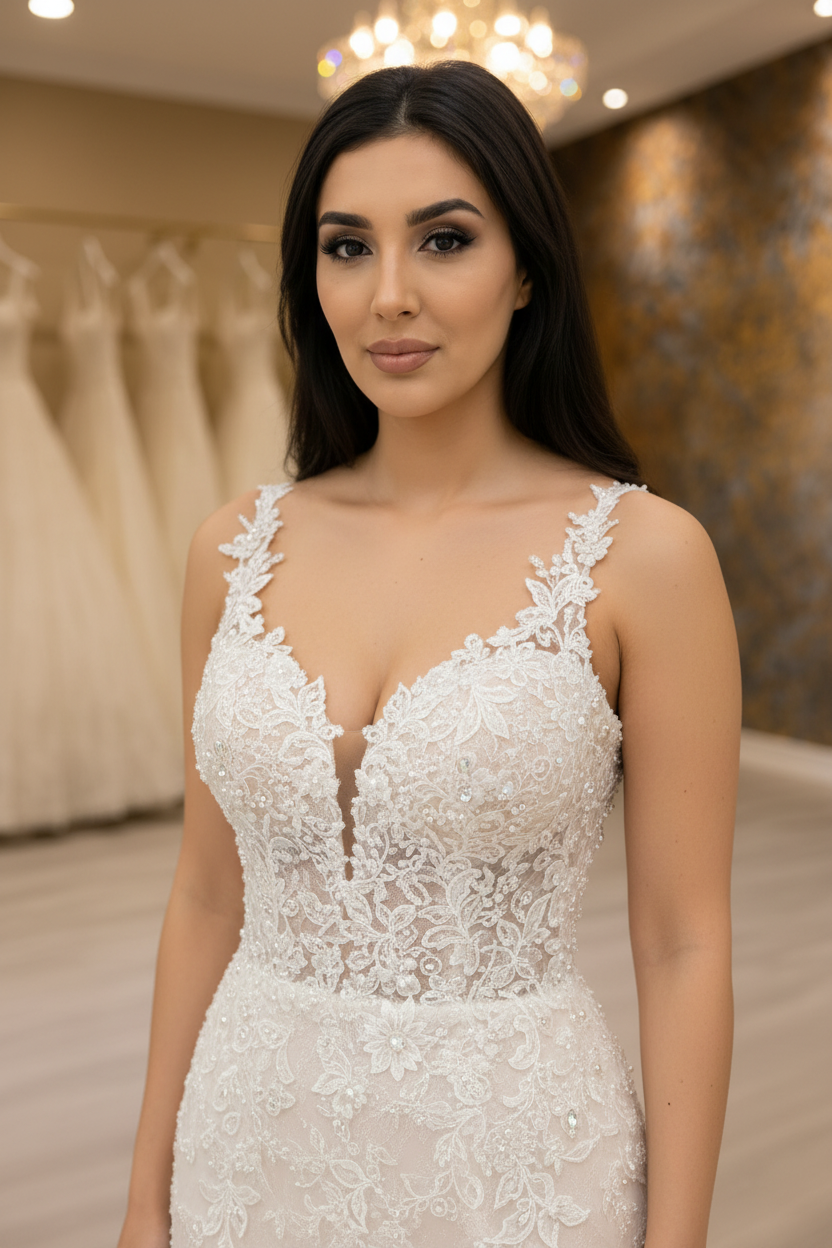 NIL-002 Soft Ivory Mermaid Fit And Flare Couture Gown – Detail View
