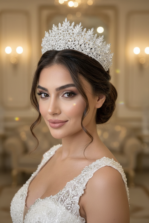 Angela Medium Zircon Crystal Bridal Crown - Bride Portrait