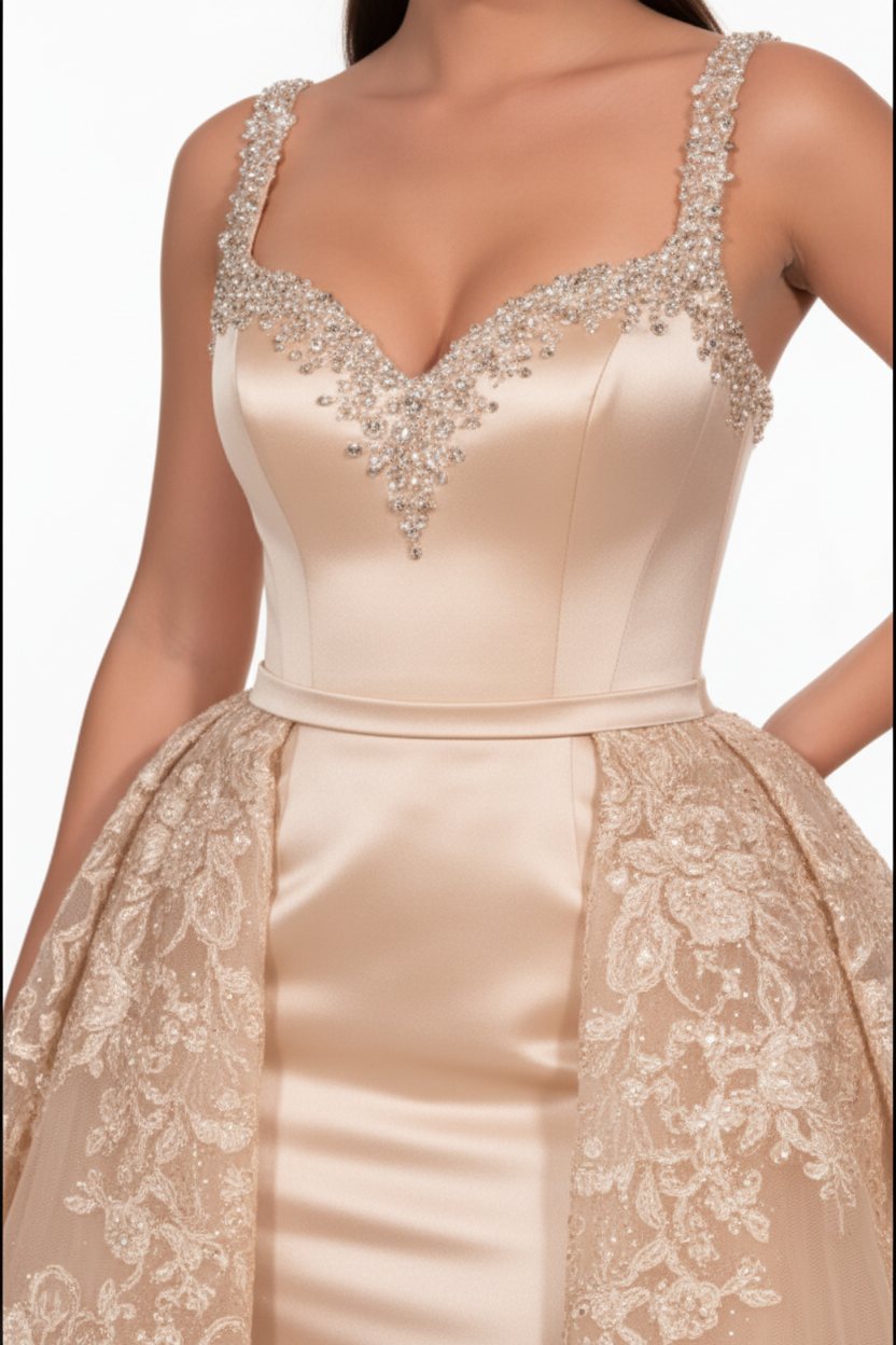 NIL-117 Champagne Detachable Overskirt Wedding Dress – Detail View