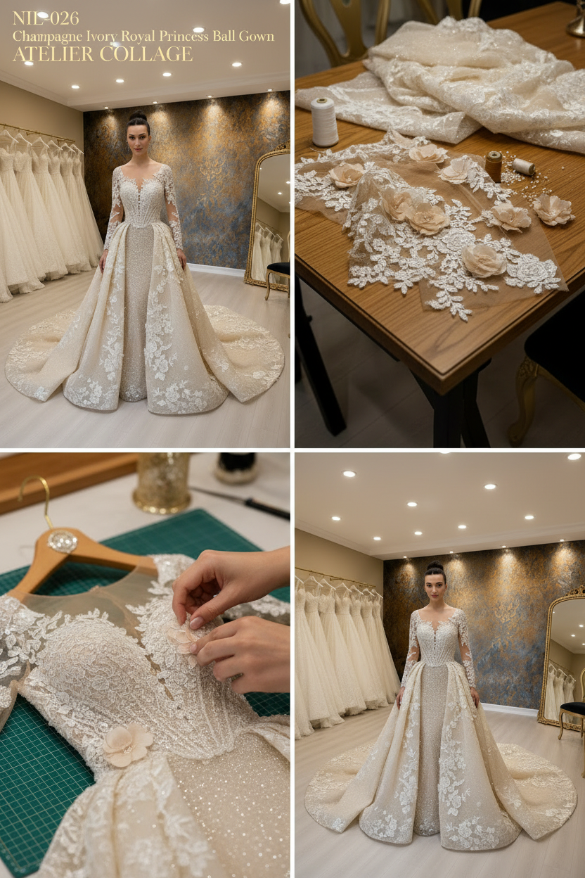 NIL-026 Champagne Ivory Royal Princess Ball Gown atelier collage by NIL Wedding Dress