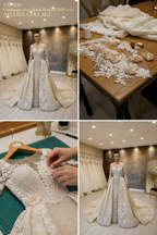 NIL-026 Champagne Ivory Royal Princess Ball Gown atelier collage by NIL Wedding Dress