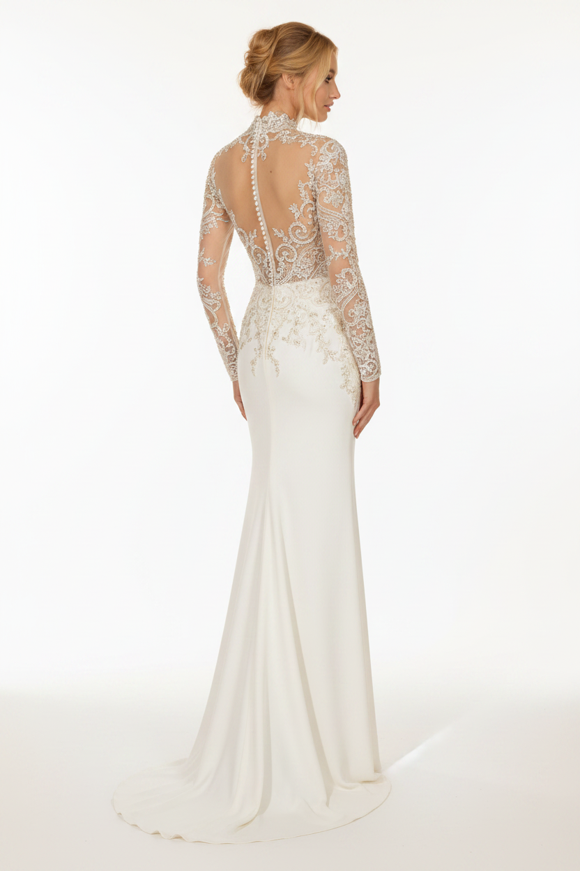 NIL-116 Ivory High Neck Wedding Dress – Back View