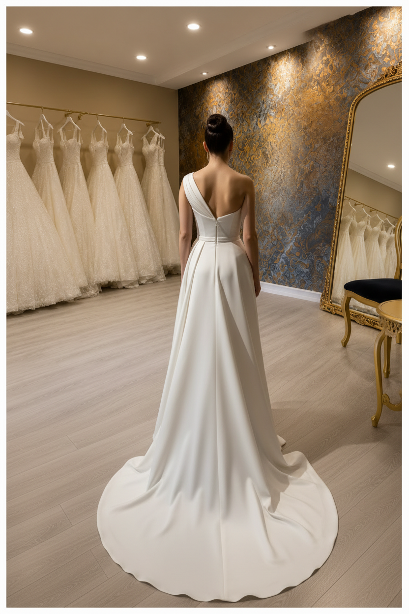 NIL-084 Asymmetric One-Shoulder svatební róba – pohled zezadu