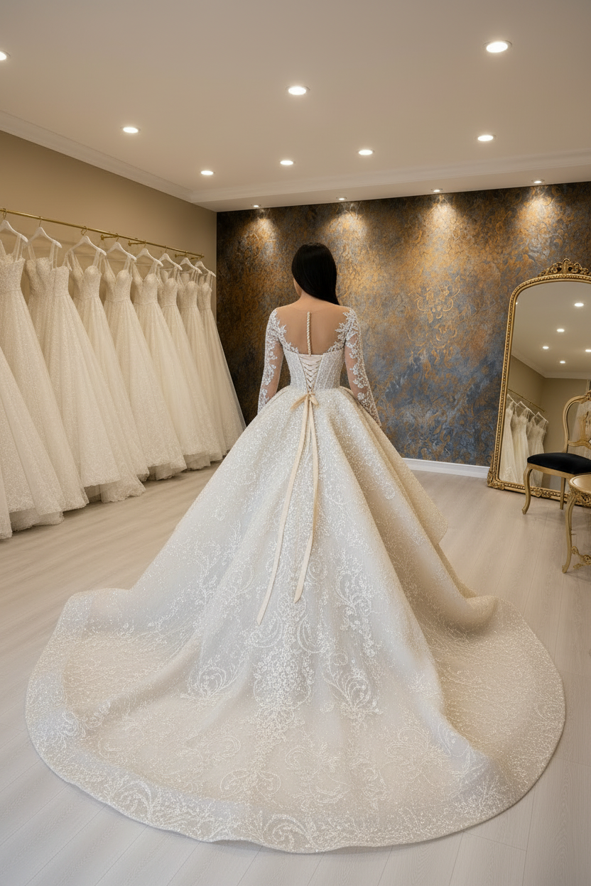 NIL-029 Champagne Ivory Royal Princess Ball Gown – Back View