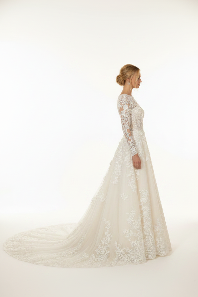 NNC-106 Ivory Lace A-Line Bridal Gown - Side Profile