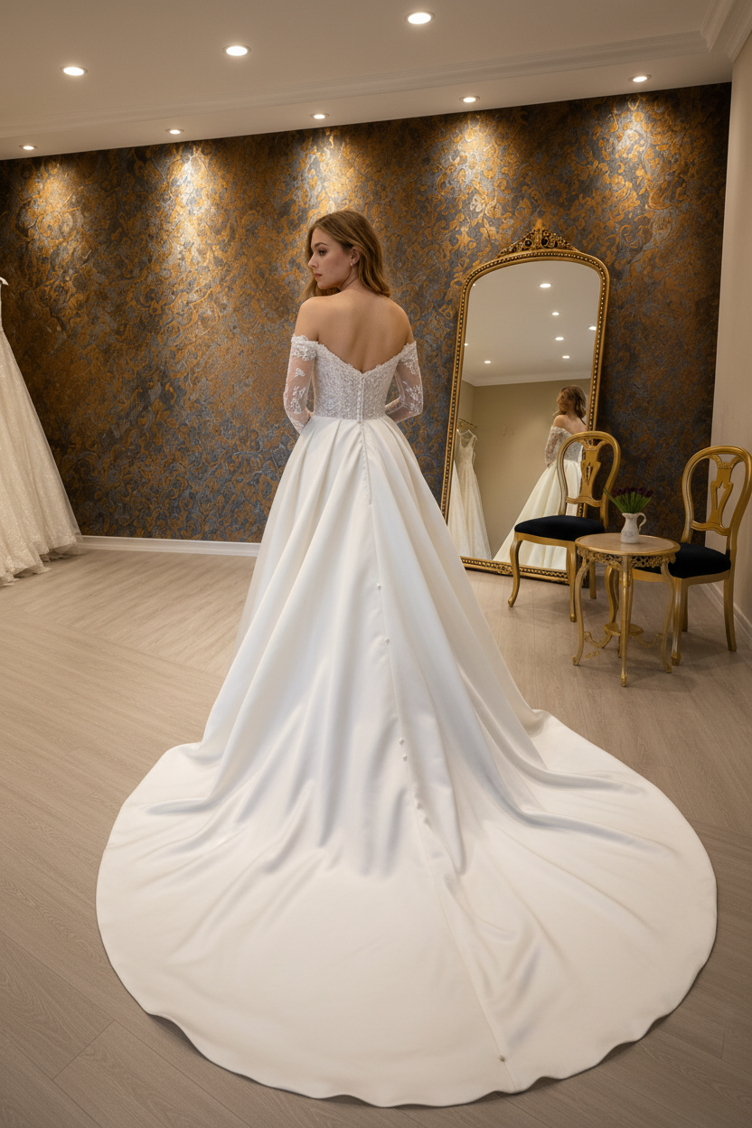 NIL-265 Off-Shoulder Satin Ballgown - Back View