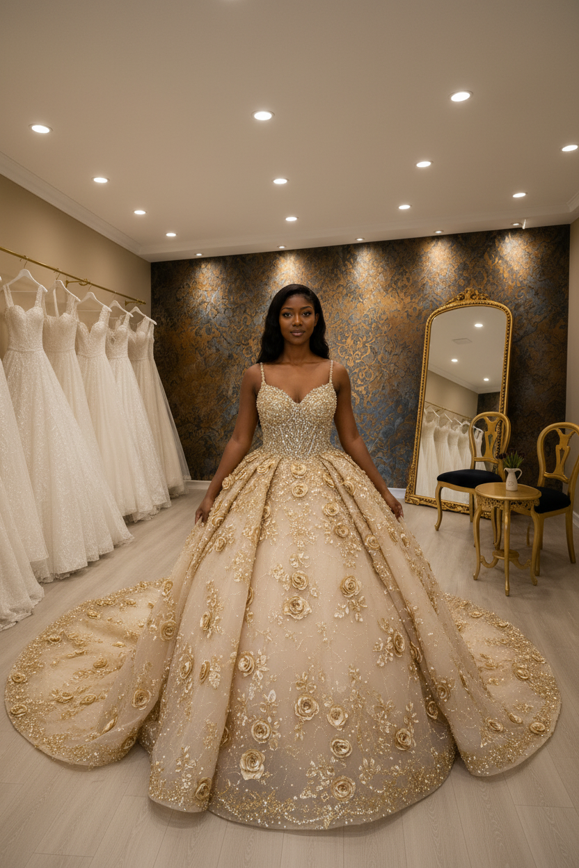NIL-NS-267 Gold Champagne Royal Crystal Ball Gown Engagement Dress - Front View
