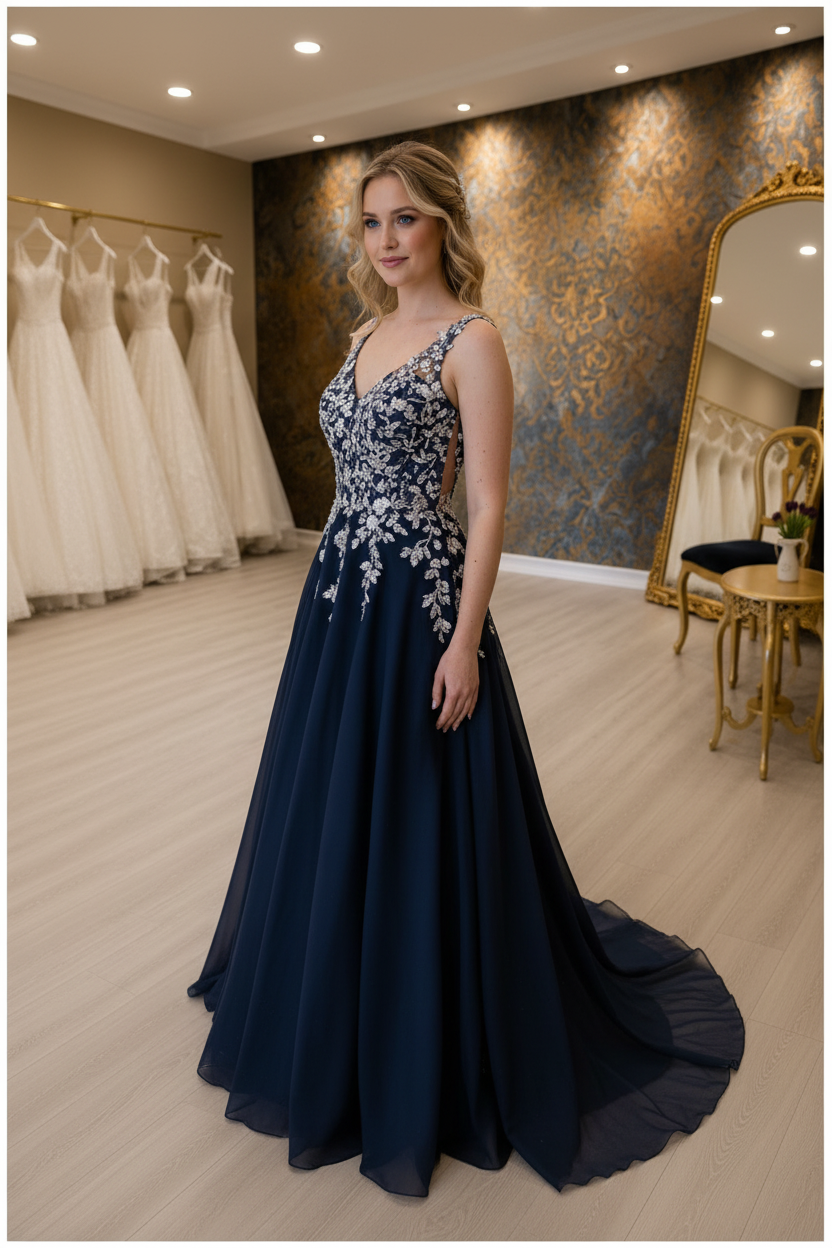 NIL-NS-252 Navy Blue Silver 3D Floral Pearl A-Line Engagement Dress - Front View