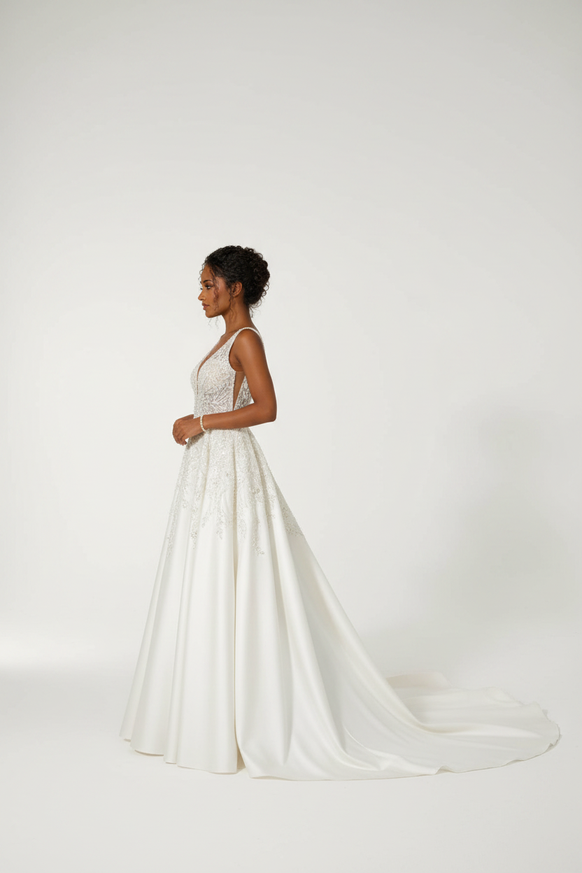 NIL-112 Pearl White A-Line Wedding Dress – Side View