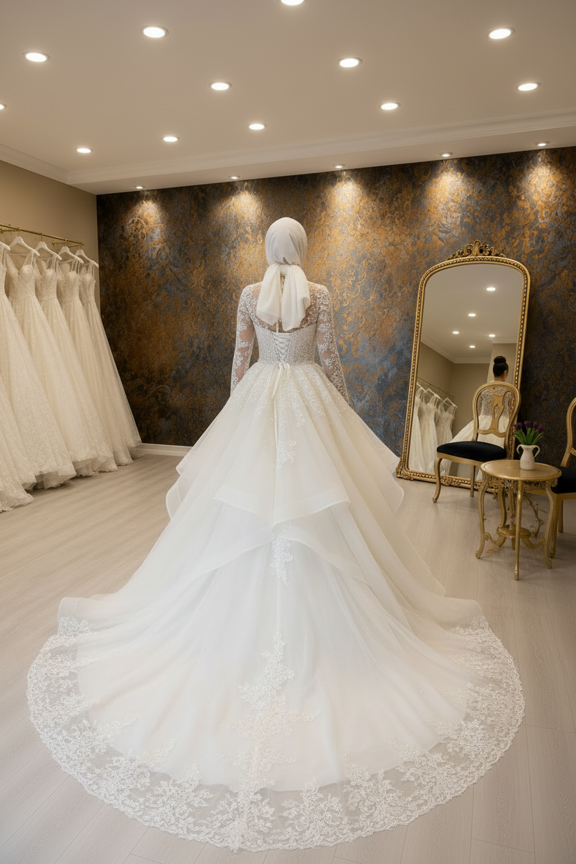 NIL-036 Soft Ivory Modest Hijab Princess Gown – Back View