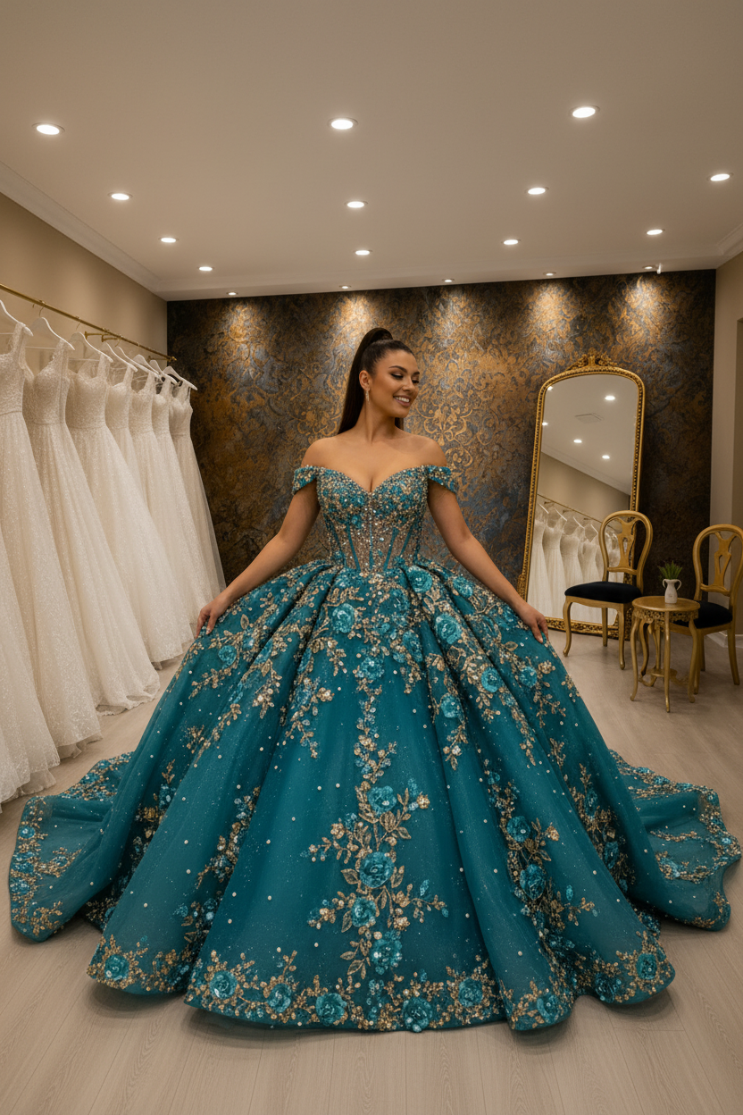 NIL-NS-270 Teal Turquoise Royal Crystal Ball Gown Engagement Dress - Front View