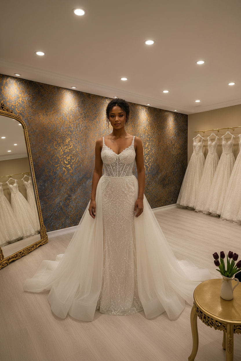 NIL-037 Soft Ivory 2-in-1 Couture Mermaid Detachable Overskirt Front View