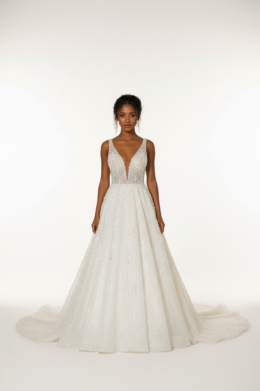 NIL-112 Pearl White A-Line Wedding Dress – Front View