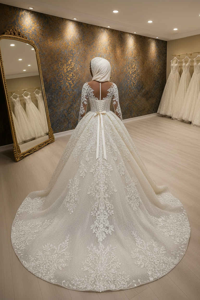 NIL-024 Champagne Ivory Royal Princess Ball Gown back view by NIL Wedding Dress