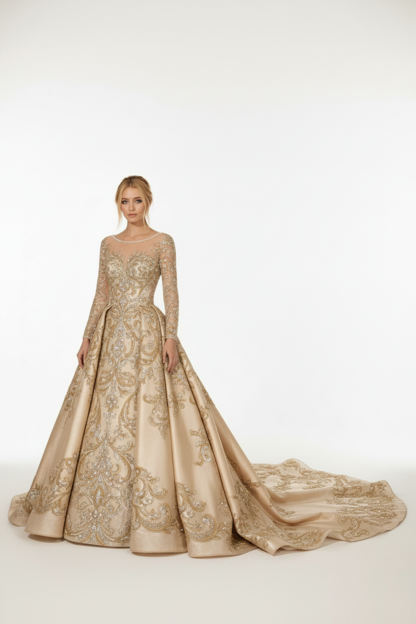 NNC-107 Champagne Royal Ball Gown - Three-Quarter View