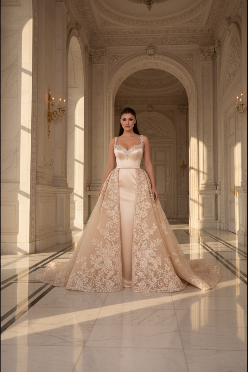NIL-117 Champagne Detachable Overskirt Wedding Dress – Editorial View