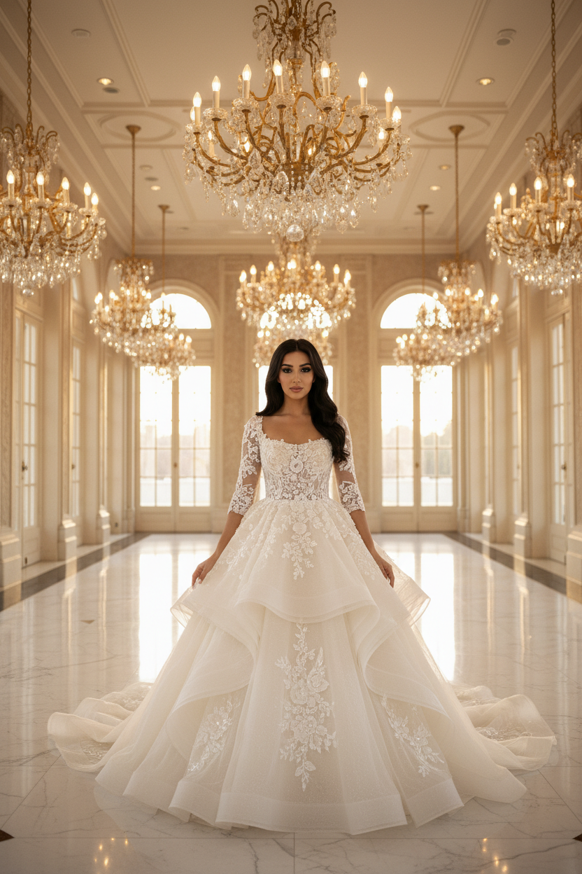NIL-093 Off White Ball Gown Modest Bridal Dress – Front View
