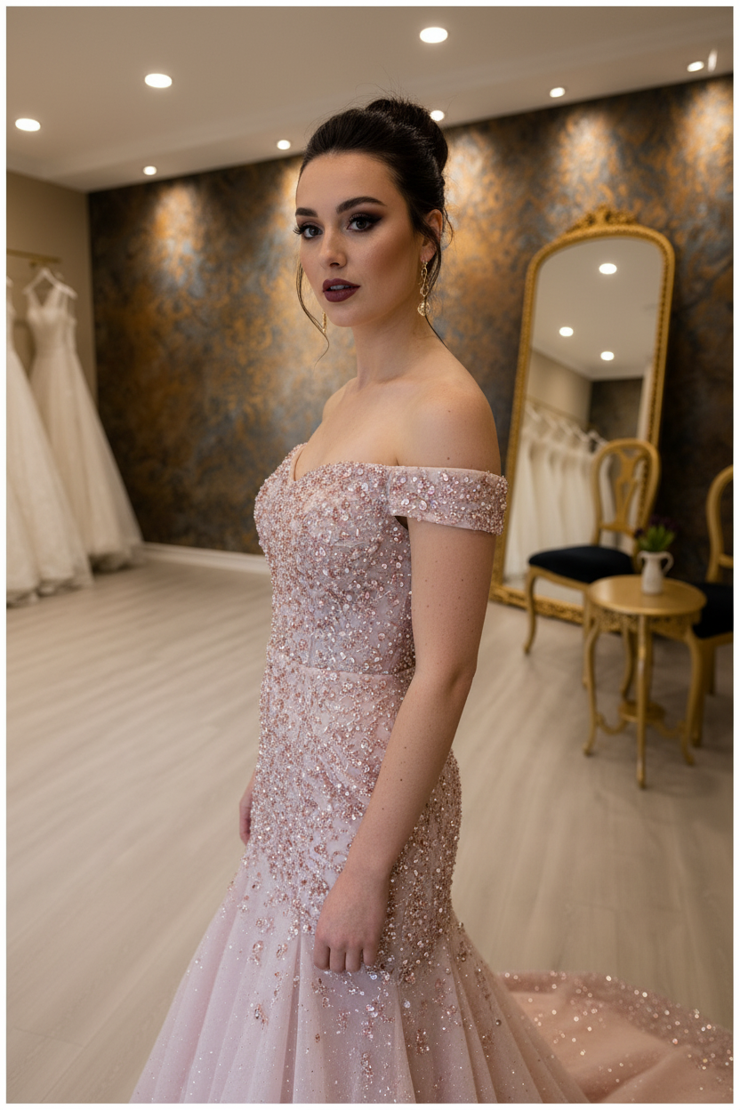 NIL-NS-249 Dusty Rose Pearl Crystal Fit-and-Flare Engagement Dress - Front View