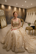 NIL-NS-242 Champagne Gold Crystal Fit-and-Flare Engagement Dress - Front View