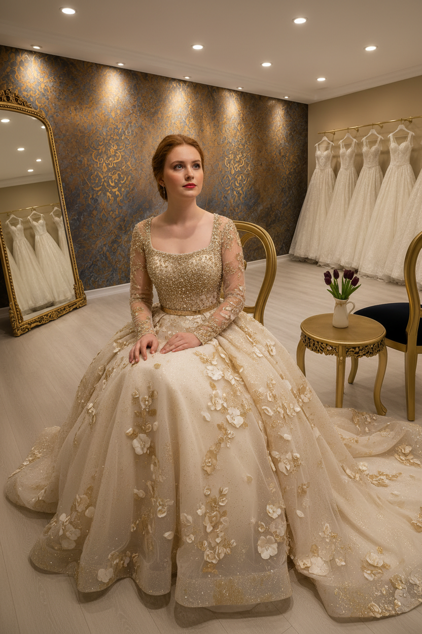 NIL-NS-242 Champagne Gold Crystal Fit-and-Flare Engagement Dress - Front View