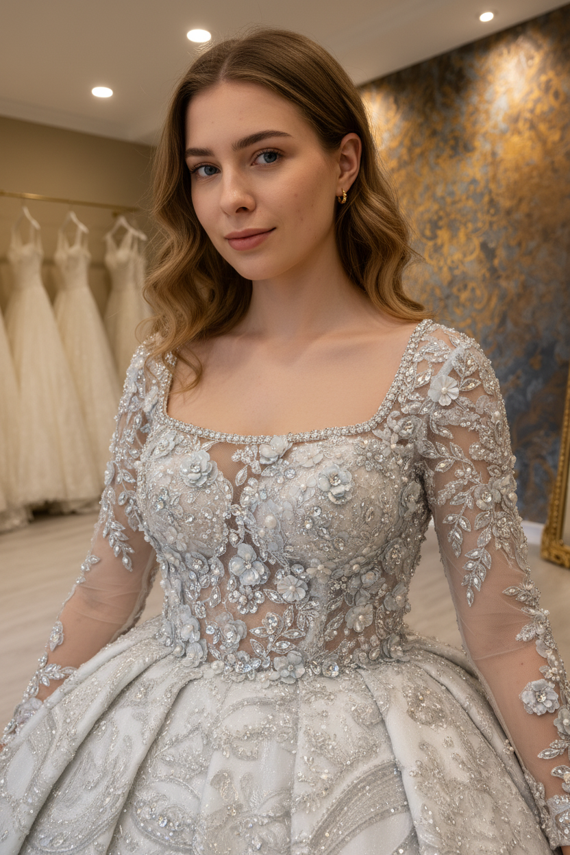 NIL-269 3D Crystal Floral Ballgown - Square Neckline & Bodice Detail