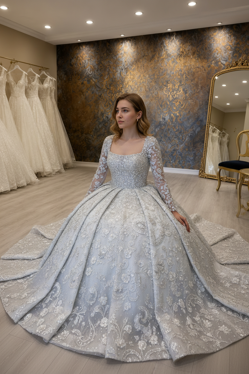 NIL-269 3D Crystal Floral Ballgown - Seated Pose