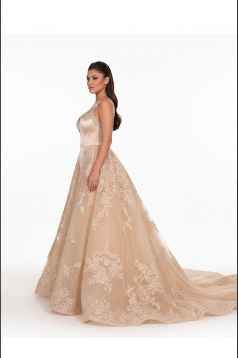NIL-117 Champagne Detachable Overskirt Wedding Dress – Side View