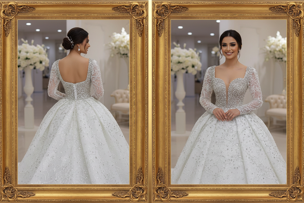 NIL Wedding Dress NNC096 Front and Back View in Luxury Gold Frame