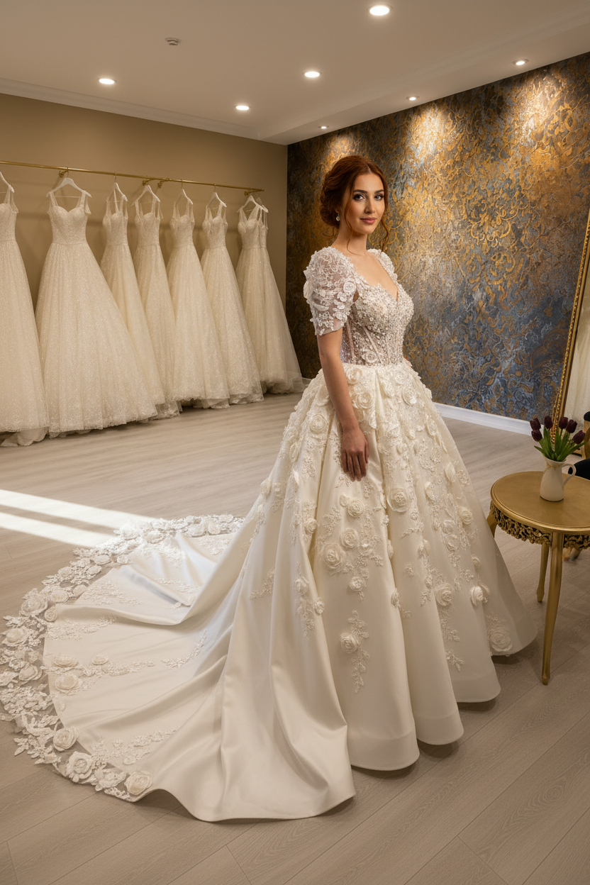 NIL-203 Ivory 3D French Rose Ball Gown – Side View – M1
