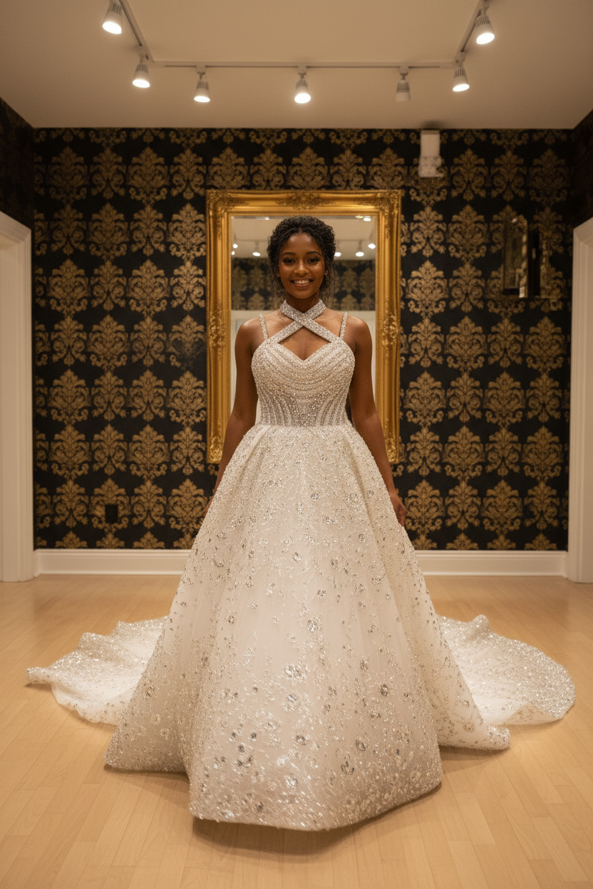 NIL-260 Crystal Cross-Strap Ballgown - Walking Pose