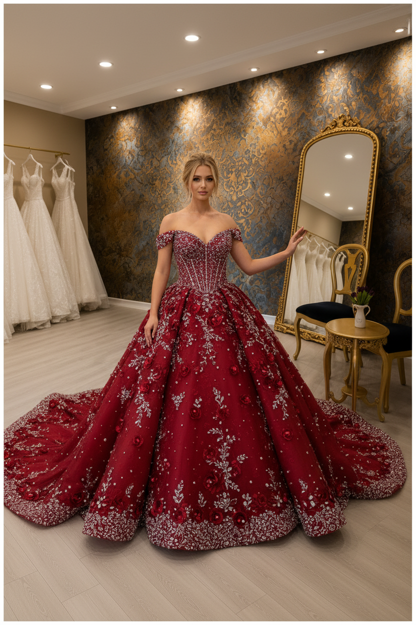 NIL-NS-271 Crimson Red Royal Crystal Princess Engagement Dress - Front View