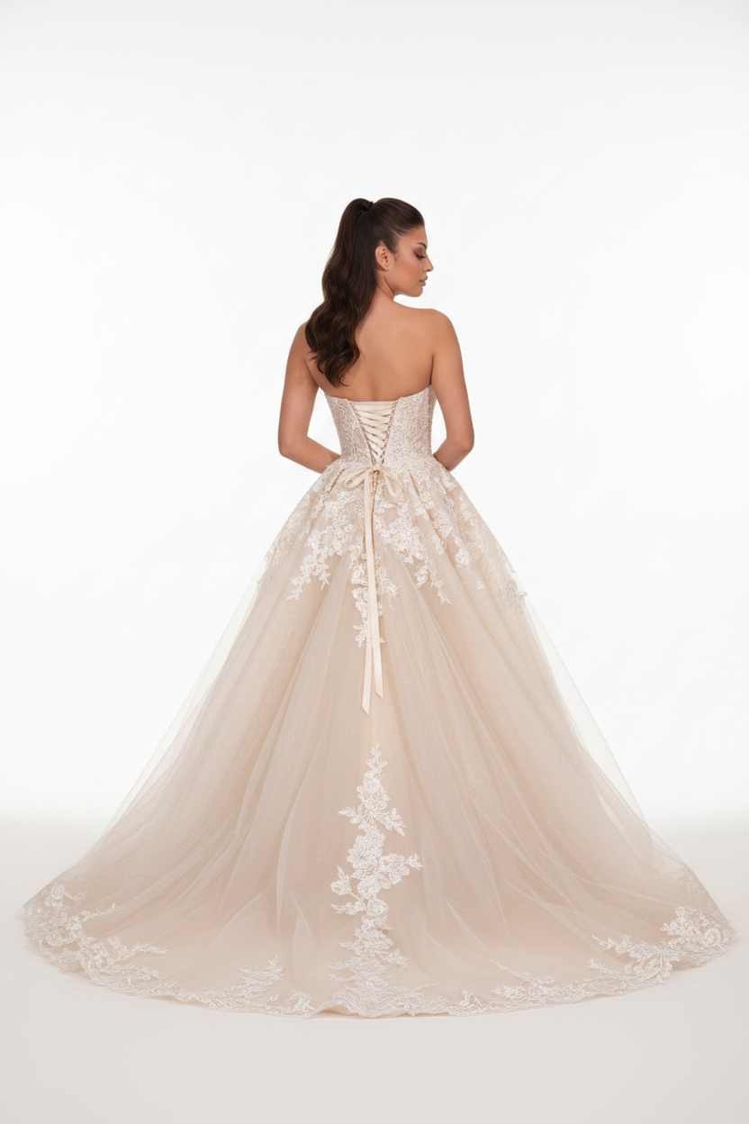NIL-117 Champagne Detachable Overskirt Wedding Dress – Back View
