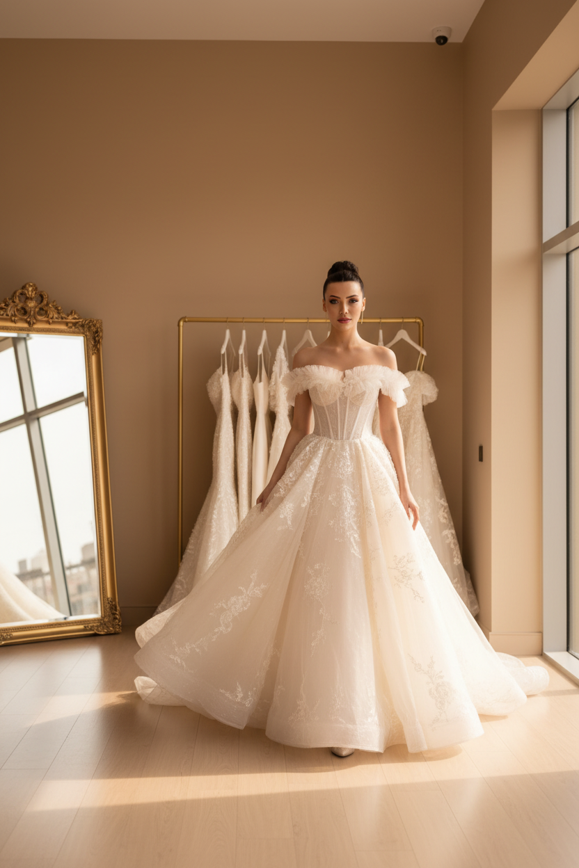 NIL-060 Off-Shoulder Ruffle Princess Gown – Wide Shot