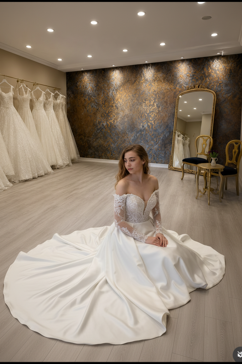 NIL-265 Off-Shoulder Satin Ballgown - Seated Pose