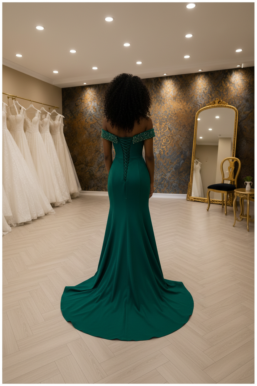 NIL-NS-261 Emerald Green Gold Crystal Fit-and-Flare Engagement Dress - Back View