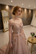 NIL-NS-244 Dusty Rose Blush Crystal A-Line Engagement Dress - Front View