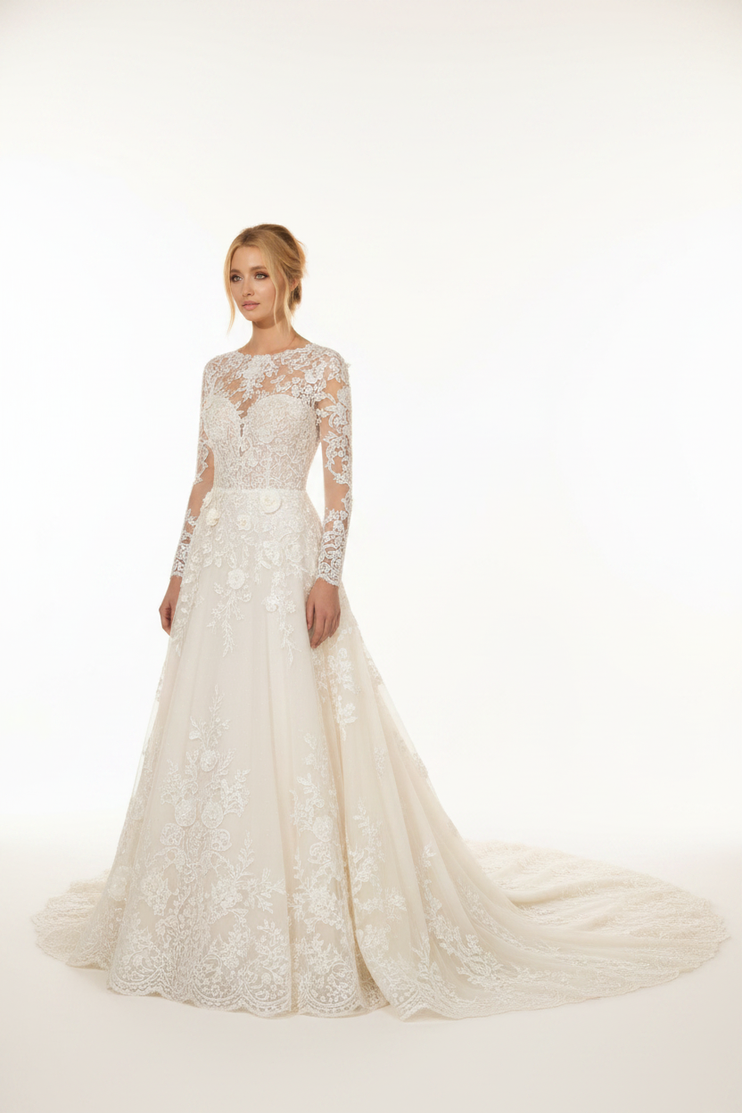 NNC-106 Ivory Lace A-Line Bridal Gown - Front View