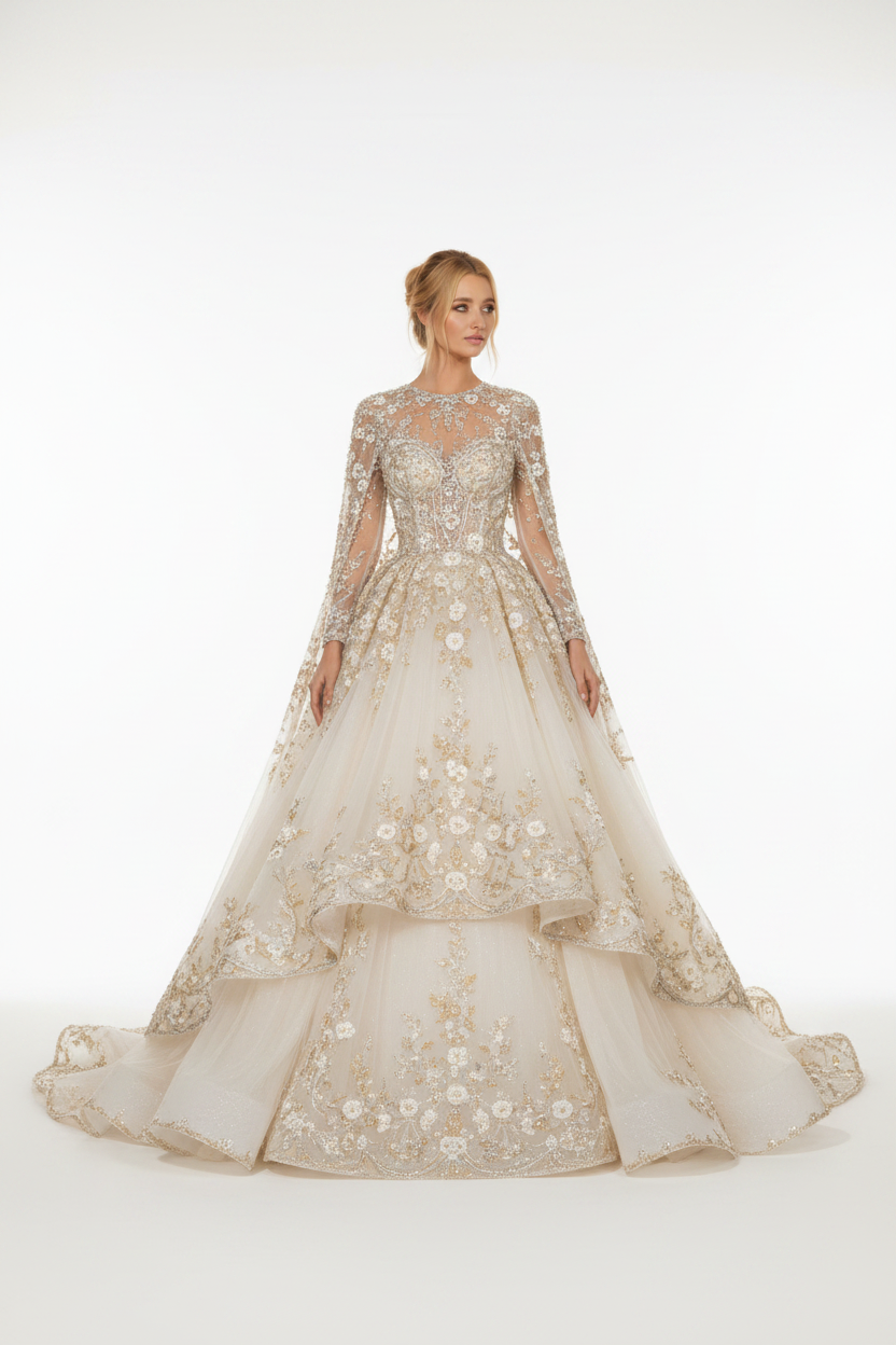 NNC-109 Ivory Princess Cape Bridal Gown - Front View