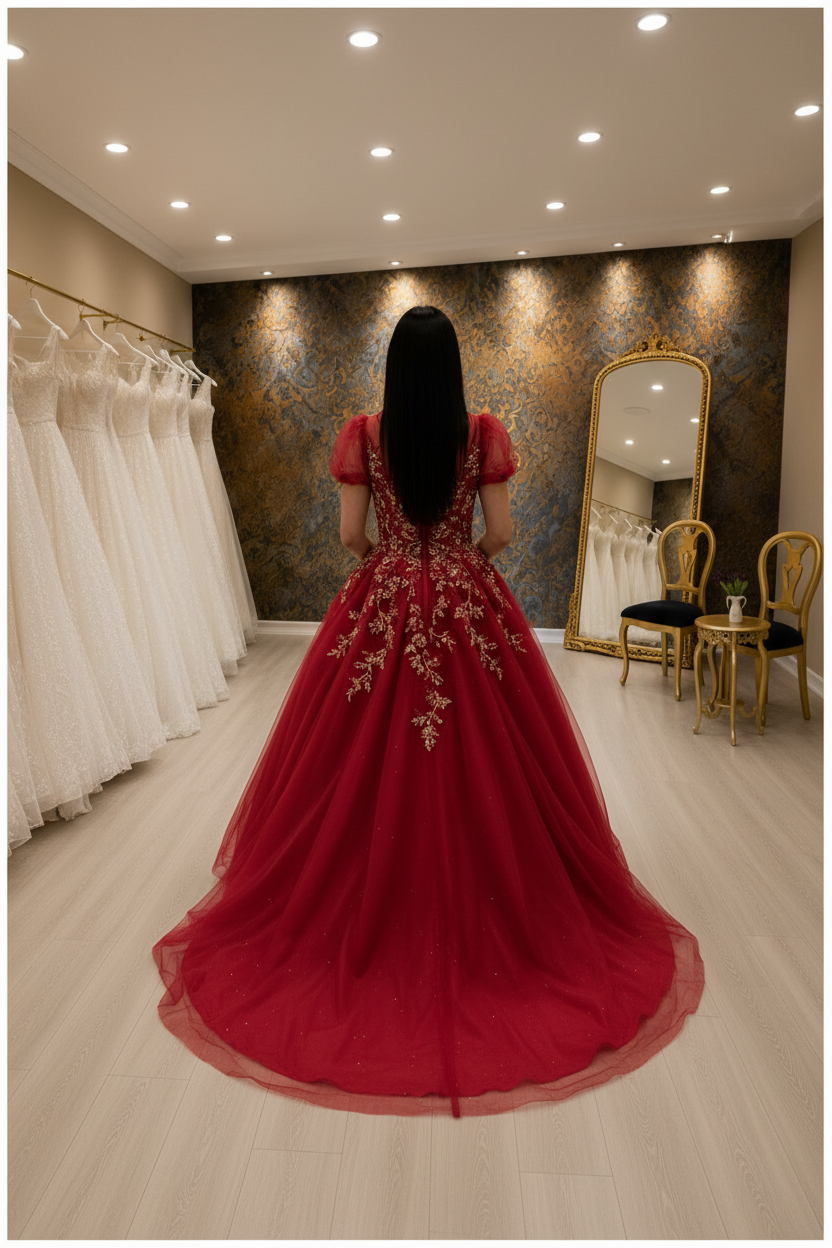 NIL-NS-251 Crimson Red Crystal Princess Ball Gown Engagement Dress - Back View