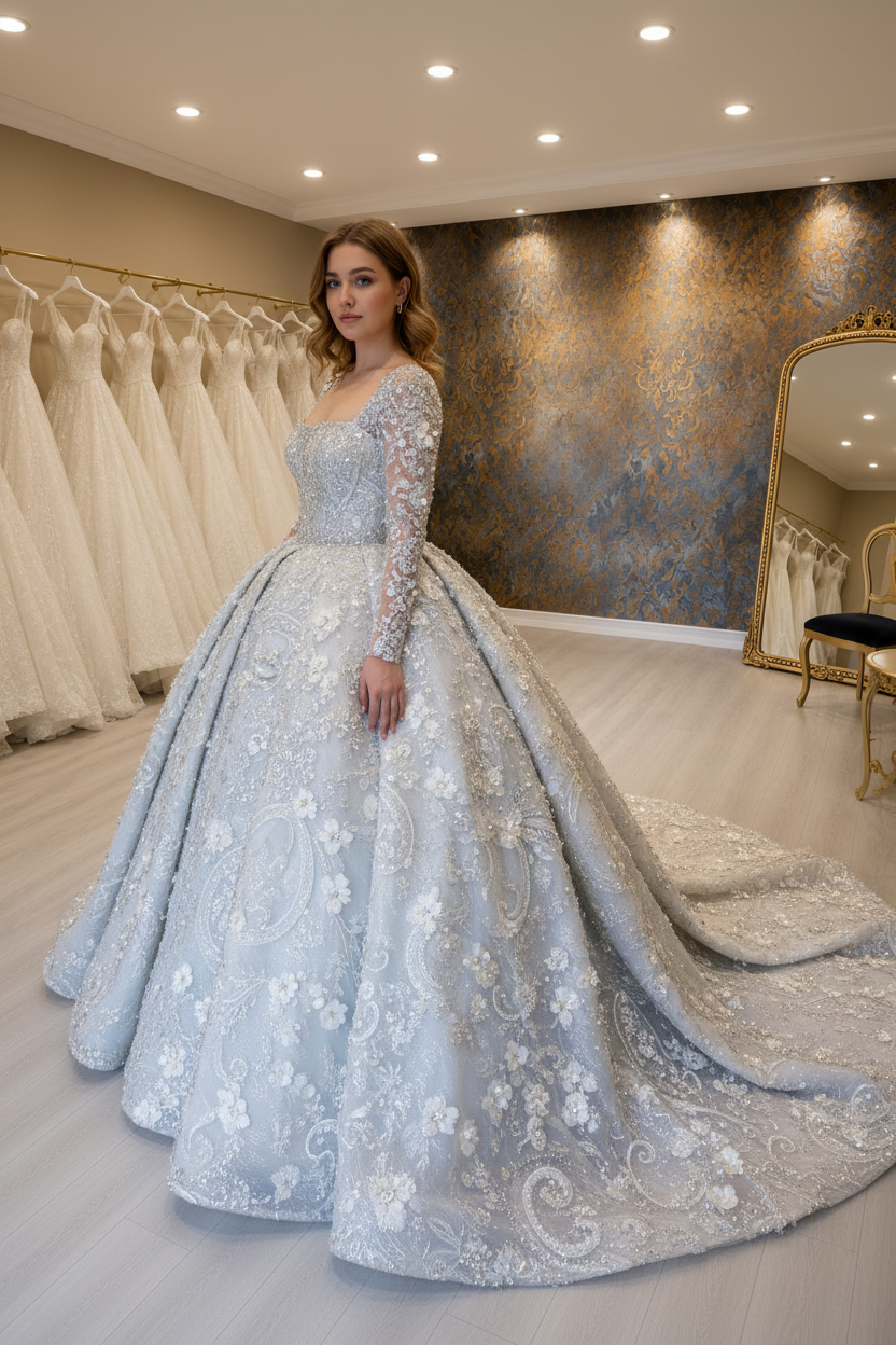 NIL-269 3D Crystal Floral Ballgown - 3/4 Diagonal View